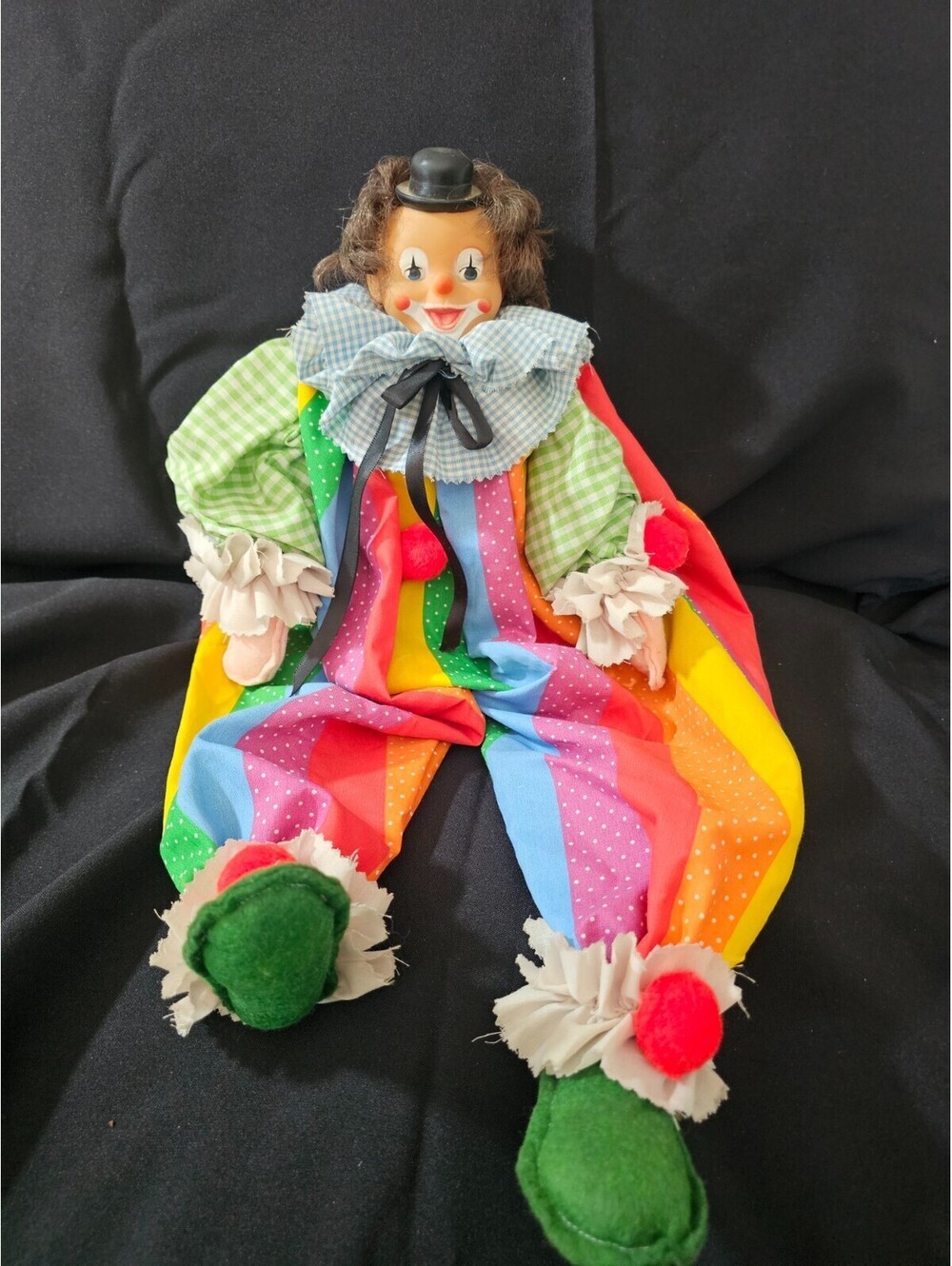 Vintage Homemade Smiley Face Clown Sitting Rainbow Striped Outfit Pom Poms 20"